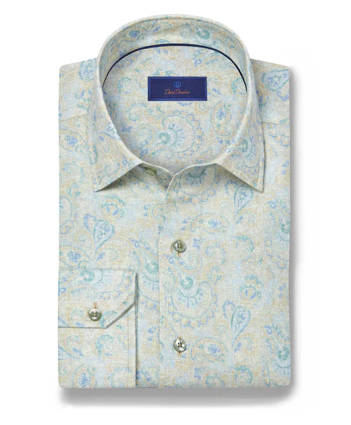 David Donahue Paisley Linen Blend Sport Shirt: Dune/Multi
