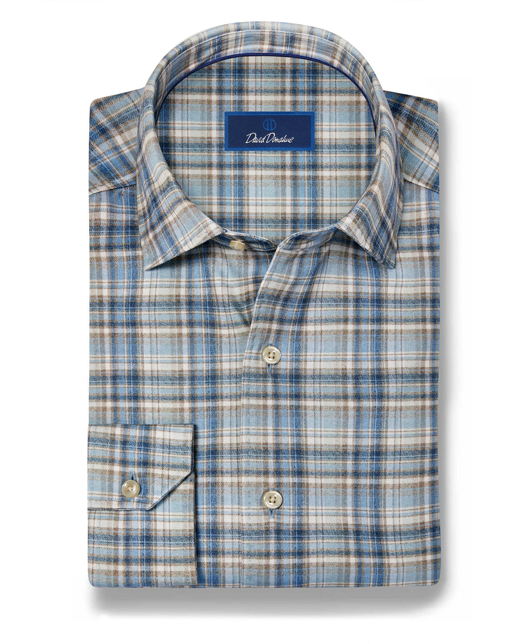 David Donahue Dune & Blue Plaid Knit Sport Shirt: Dune/Blue