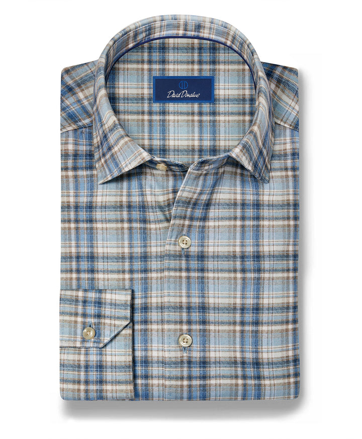 David Donahue Dune & Blue Plaid Knit Sport Shirt: Dune/Blue