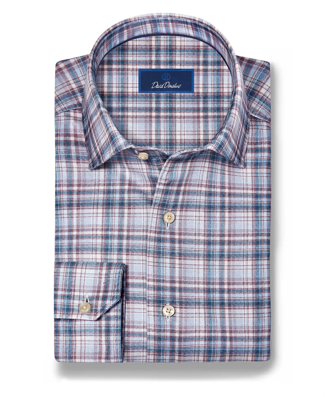 David Donahue Dune & Blue Plaid Knit Sport Shirt: Merlot/Blue