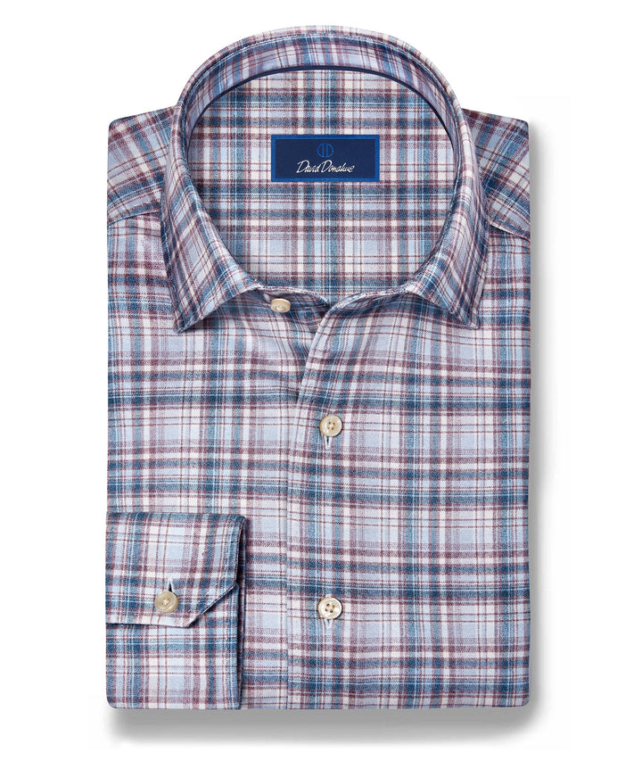 David Donahue Dune & Blue Plaid Knit Sport Shirt: Merlot/Blue
