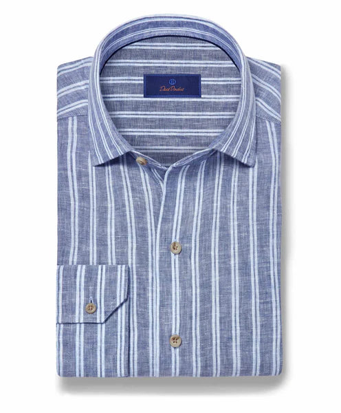 David Donahue Navy & Sky Linen Stripe Sport Shirt