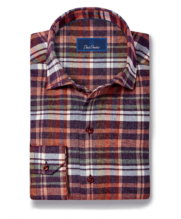 David Donahue Merlot & Multi Brushed Plaid Sport Shirt