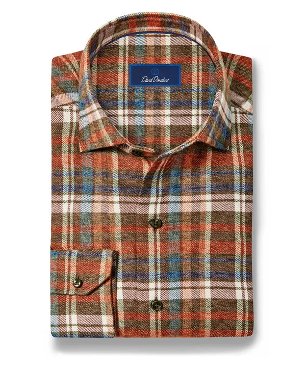 David Donahue Spice & Multi Brushed Plaid Sport Shirt