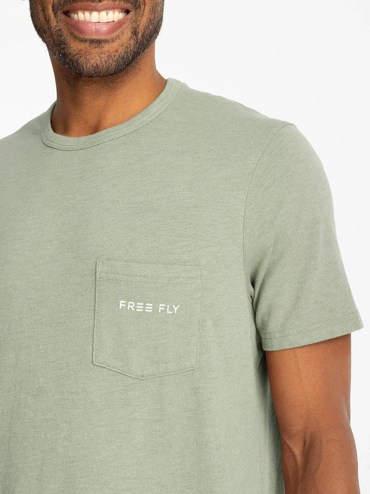 Free Fly Channel Markers Pocket Tee: Heather Desert Sage