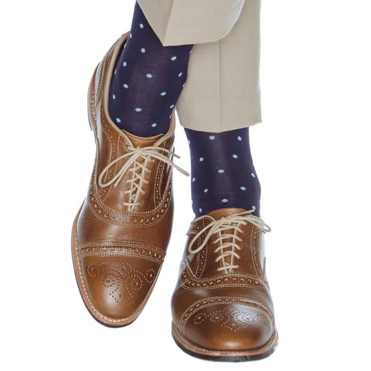 Dapper Classics Navy with Sky Blue Dot Mid Calf Cotton Sock