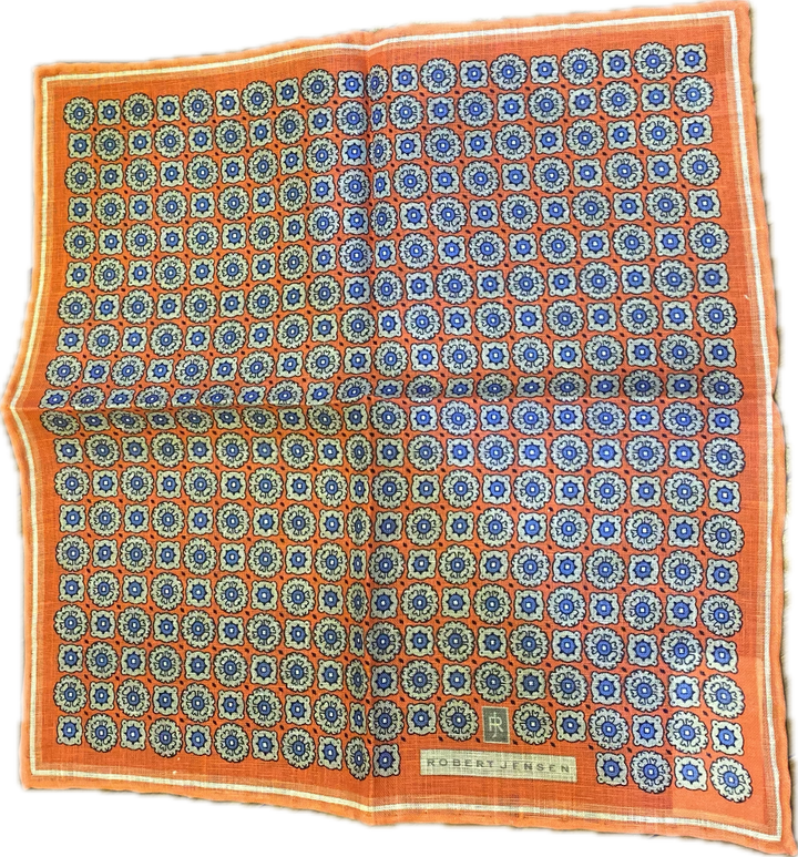 Coral with Blue Geo Linen Pocket Square