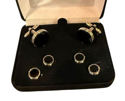 Bob Goodman Round Silver Tone Concentric Rings Blk Onyx Center Stud Set