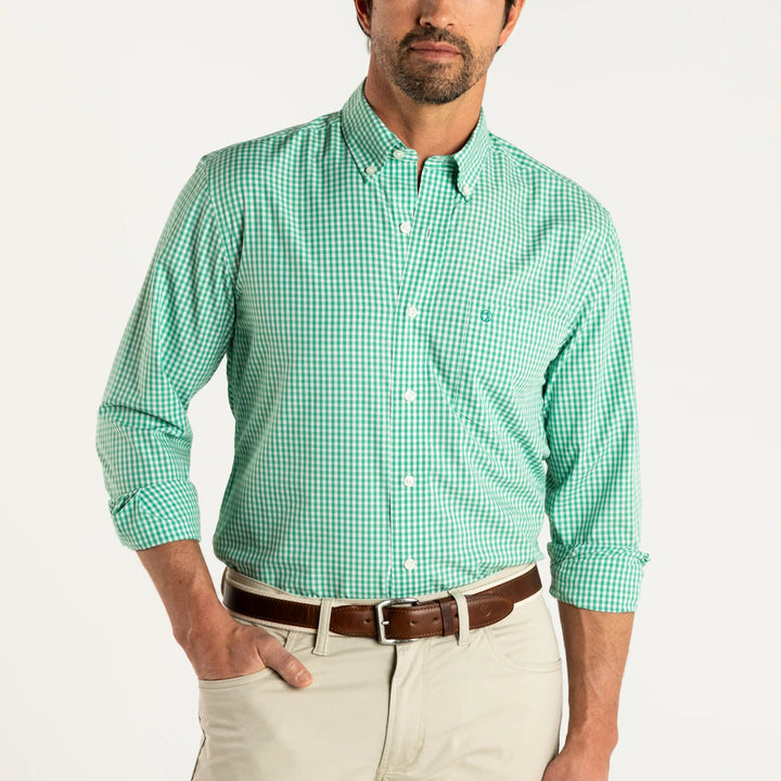 Duck Head Walton Gingham Performance Poplin Sport Shirt: Tidal Green