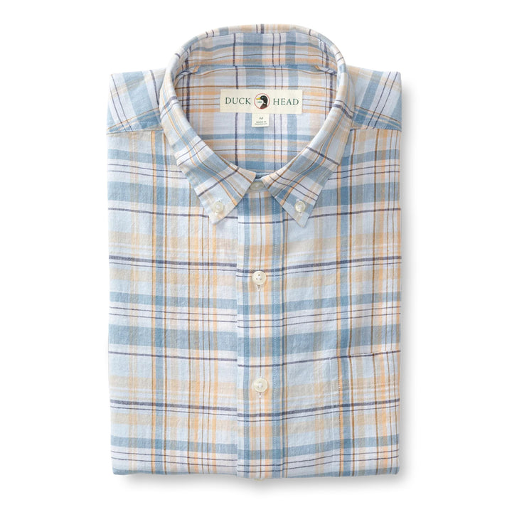 Duck Head Kinston Plaid Linen Cotton Oxford Sport Shirt: Sky Blue