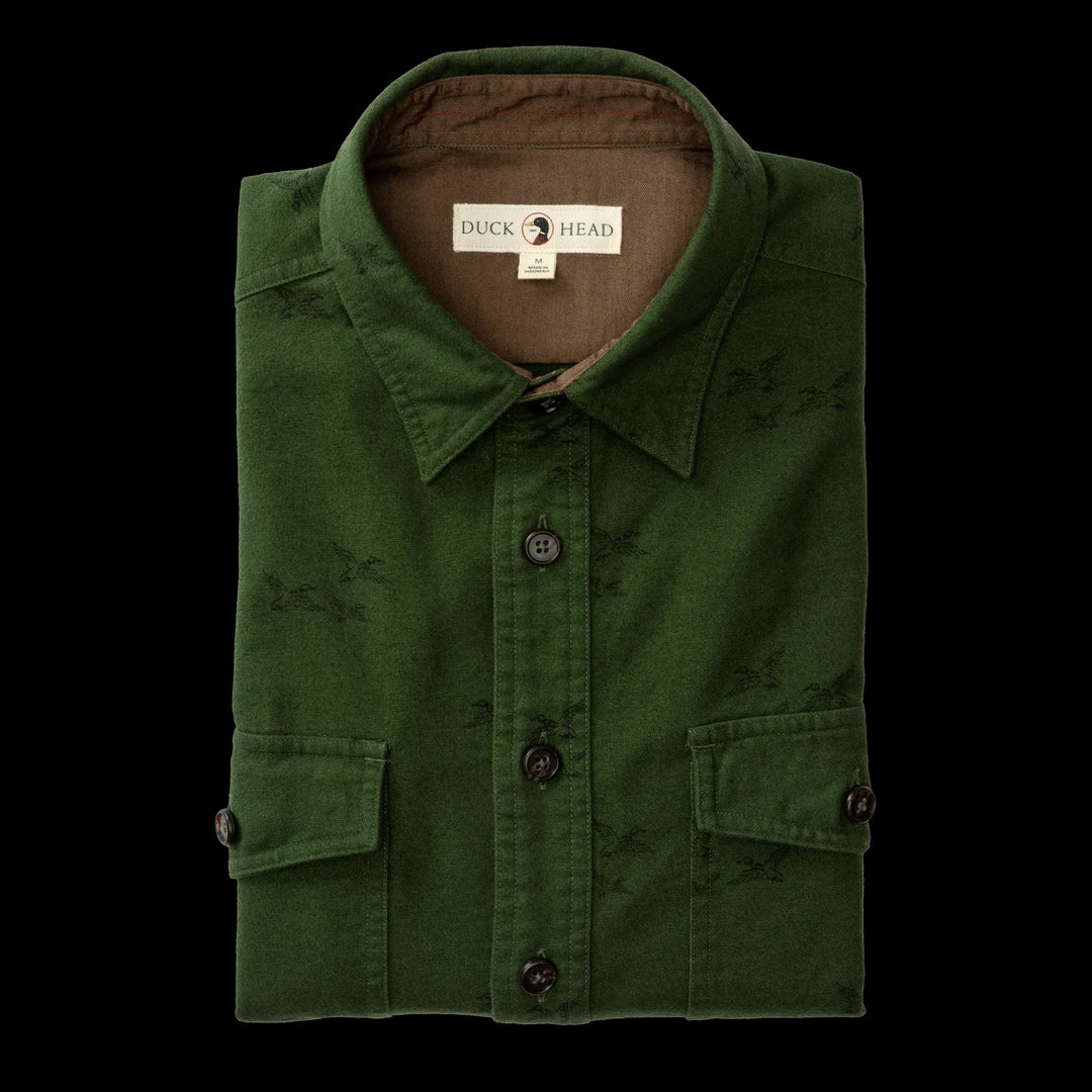 Duck Head Slater Moleskin Overshirt: Pine Green Print