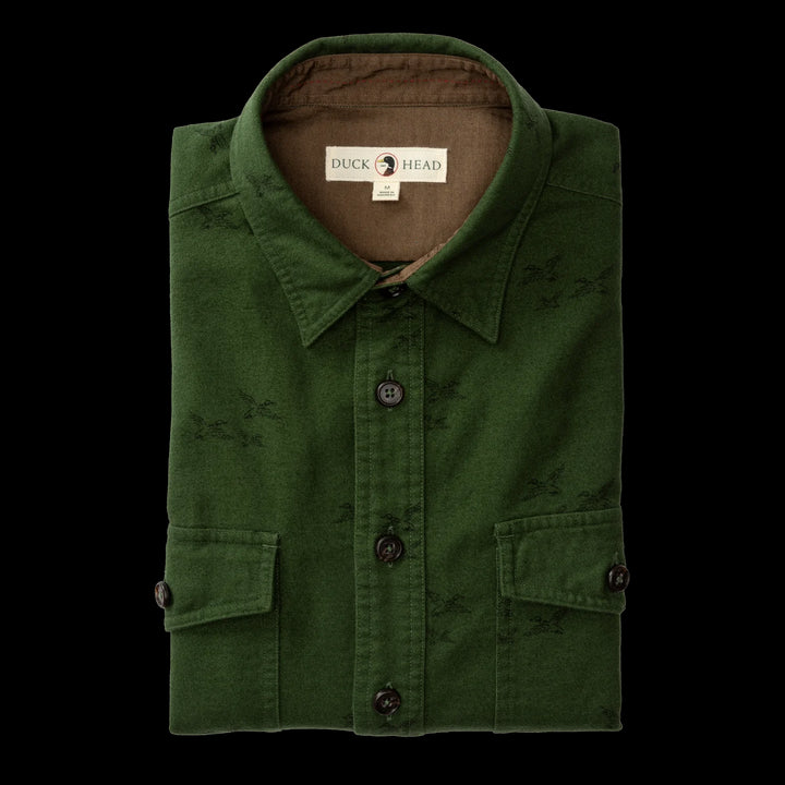 Duck Head Slater Moleskin Overshirt: Pine Green Print