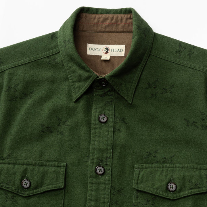 Duck Head Slater Moleskin Overshirt: Pine Green Print