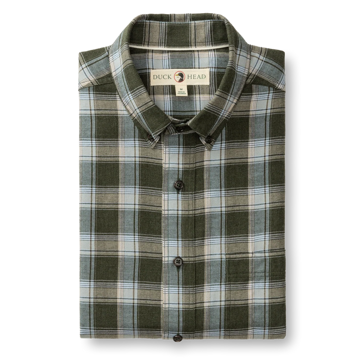 Duck Head Cotton Flannel Sport Shirt: Hank Plaid Deep Olive Heather