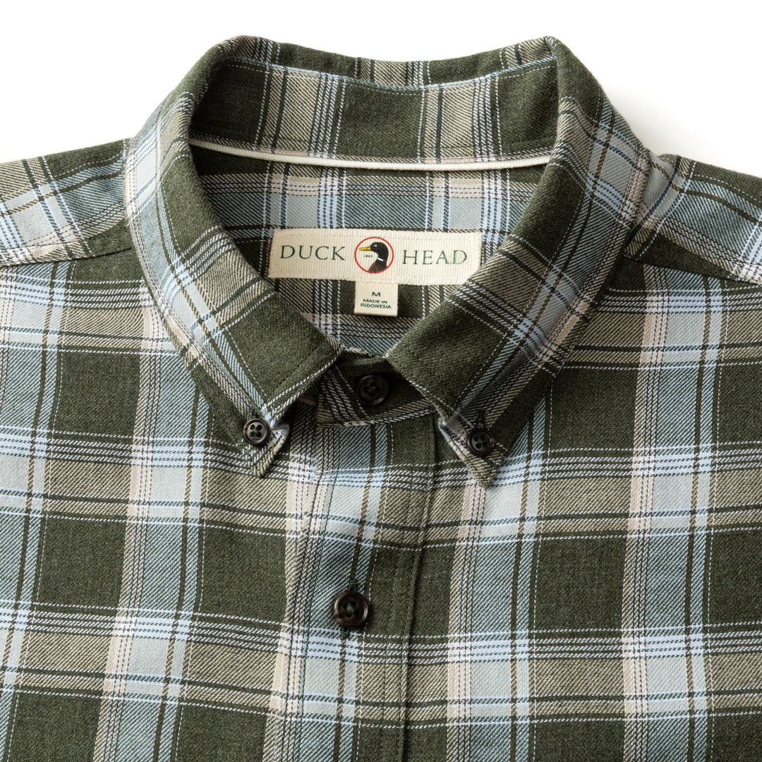 Duck Head Cotton Flannel Sport Shirt: Hank Plaid Deep Olive Heather