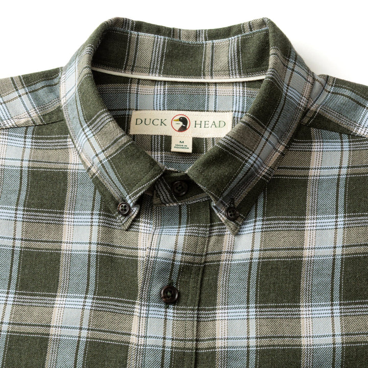 Duck Head Cotton Flannel Sport Shirt: Hank Plaid Deep Olive Heather