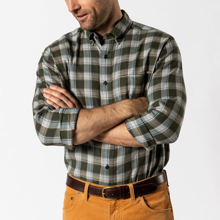 Duck Head Cotton Flannel Sport Shirt: Hank Plaid Deep Olive Heather