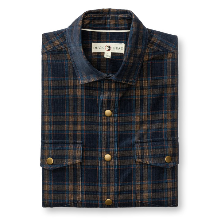 Duck Head Corduroy Plaid Snap Shirt: Cavern Plaid Maritime Blue