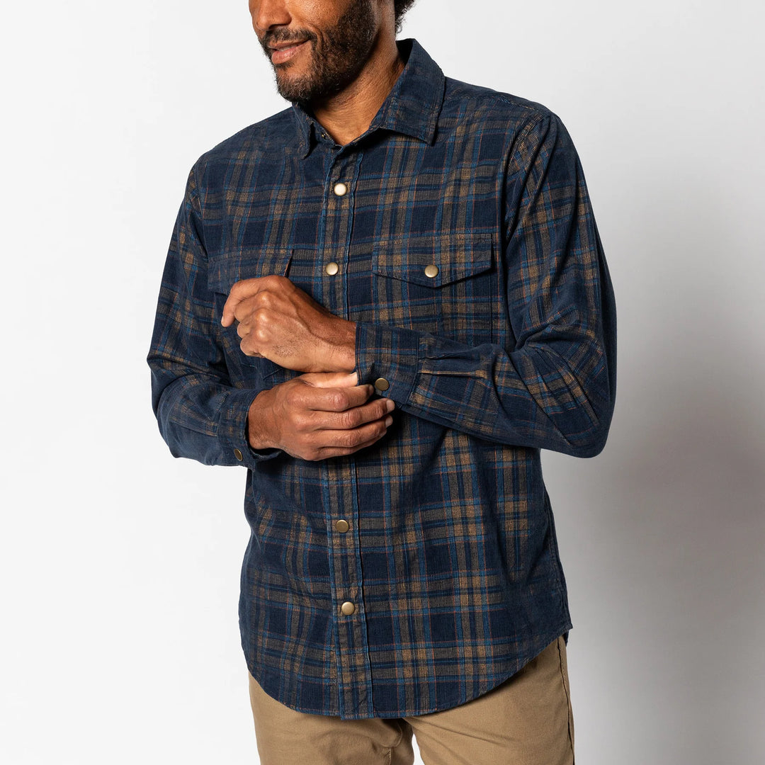 Duck Head Corduroy Plaid Snap Shirt: Cavern Plaid Maritime Blue
