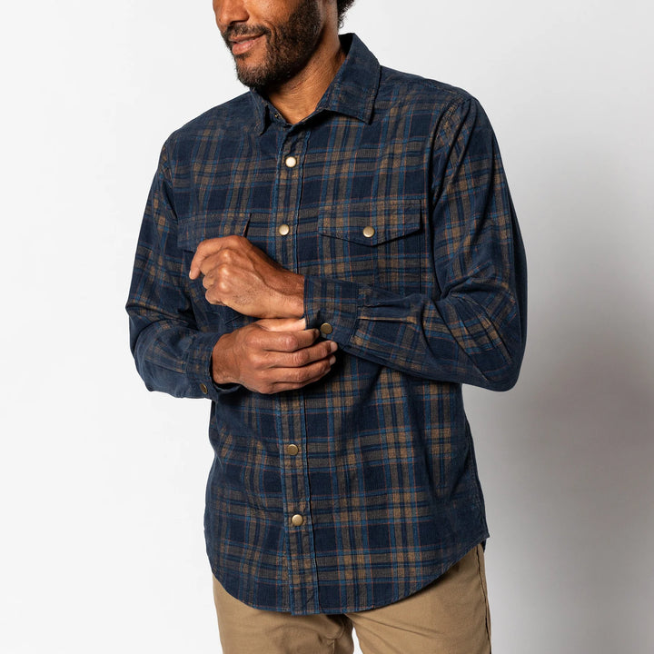 Duck Head Corduroy Plaid Snap Shirt: Cavern Plaid Maritime Blue