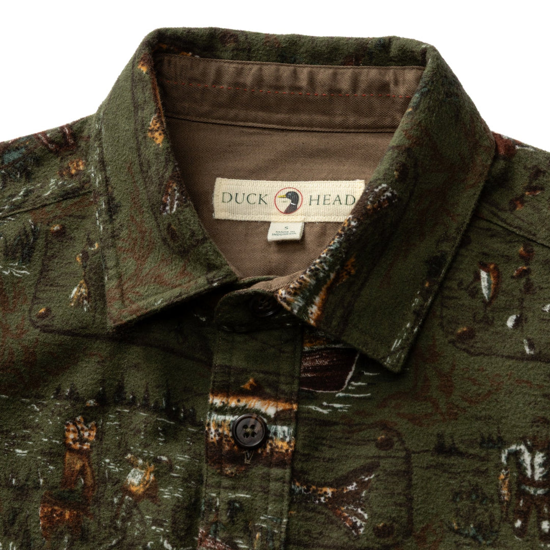 Duck Head Slater Moleskin Overshirt Fisherman Print: Dark Forest Green