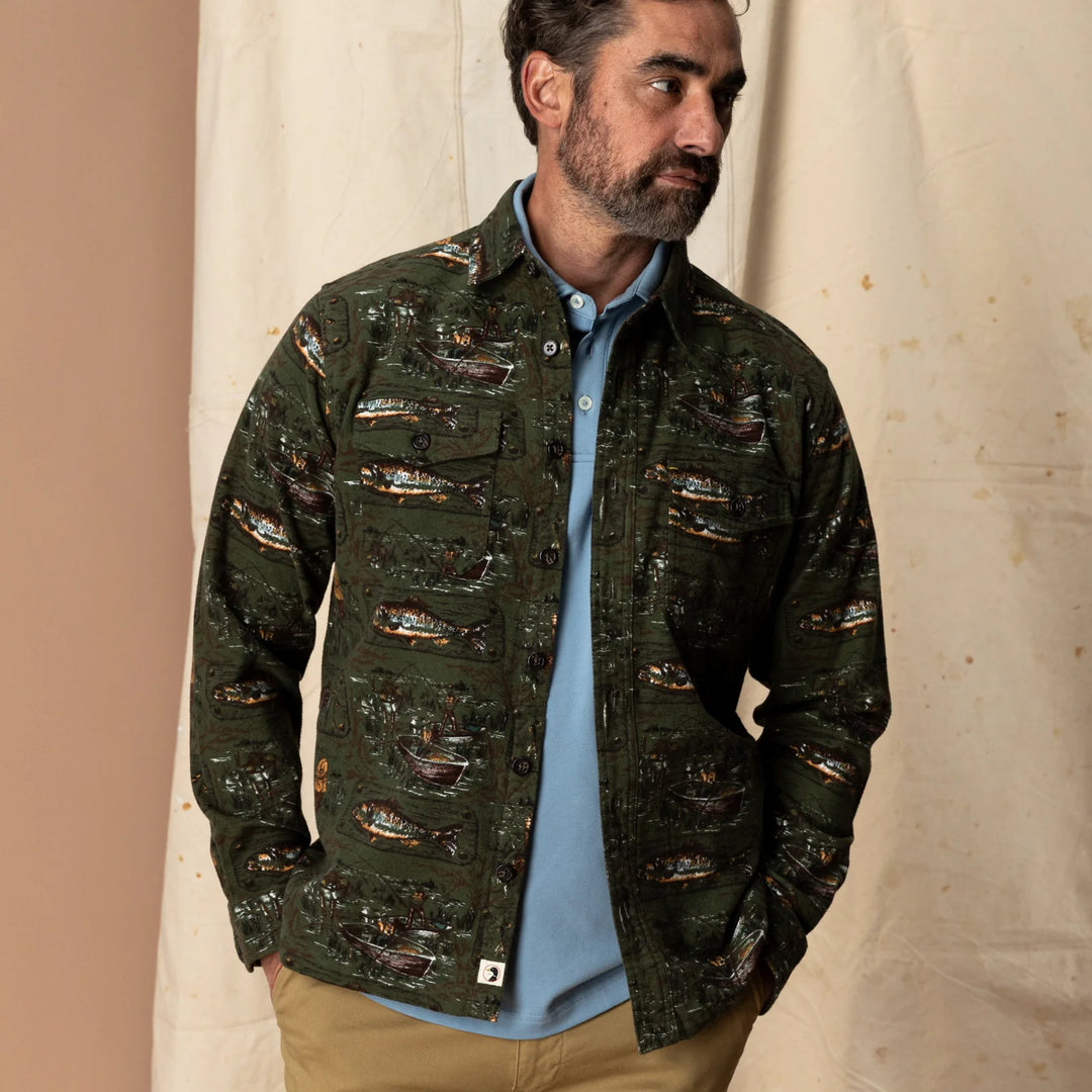 Duck Head Slater Moleskin Overshirt Fisherman Print: Dark Forest Green