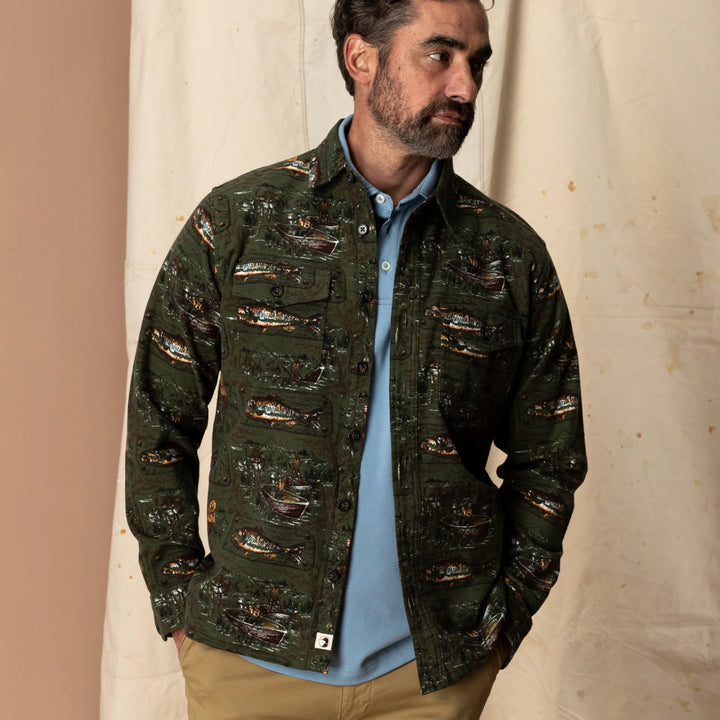 Duck Head Slater Moleskin Overshirt Fisherman Print: Dark Forest Green