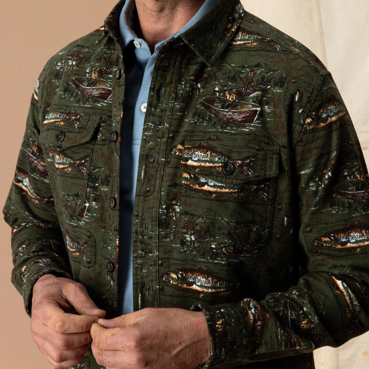 Duck Head Slater Moleskin Overshirt Fisherman Print: Dark Forest Green