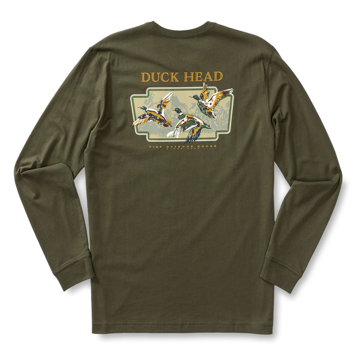 Duck Head Flying Mallard Long Sleeve T-shirt: Dark Forrest Green