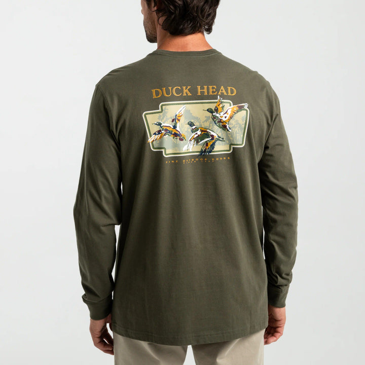 Duck Head Flying Mallard Long Sleeve T-shirt: Dark Forrest Green