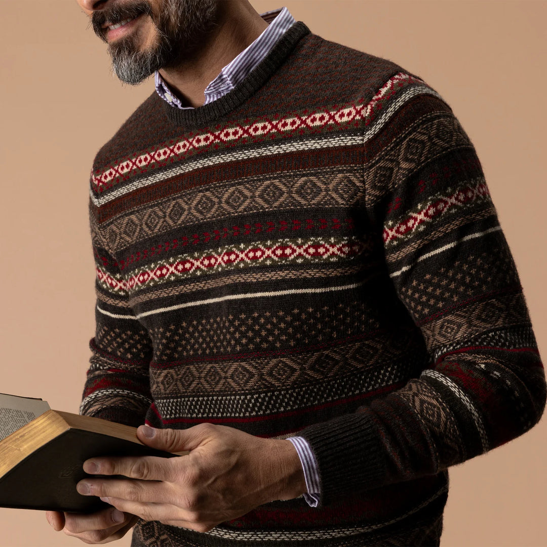 Duck Head Birch Fair Isle Merino Crewneck Sweater: Espresso Brown