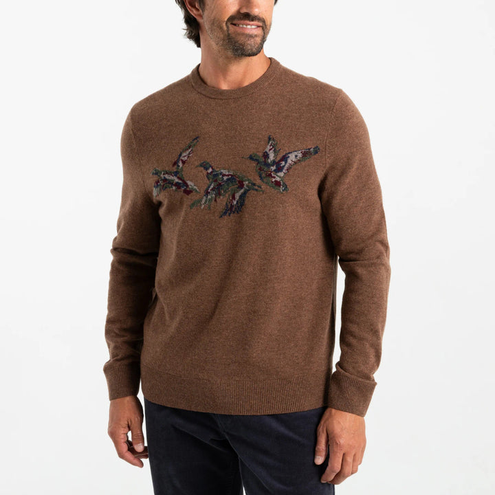 Duck Head Flying Mallard Intarsia Merino Crewneck Sweater: Cider Brown Heather