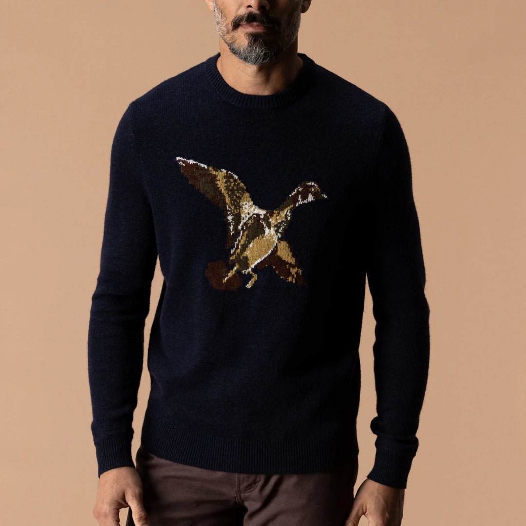 Duck Head Flying Wood Duck Merino Intarsia Crewneck Sweater: Deep Navy Heather