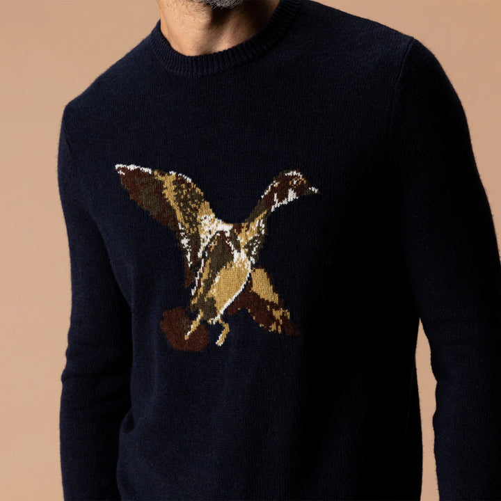 Duck Head Flying Wood Duck Merino Intarsia Crewneck Sweater: Deep Navy Heather