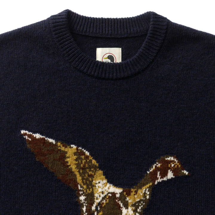 Duck Head Flying Wood Duck Merino Intarsia Crewneck Sweater: Deep Navy Heather