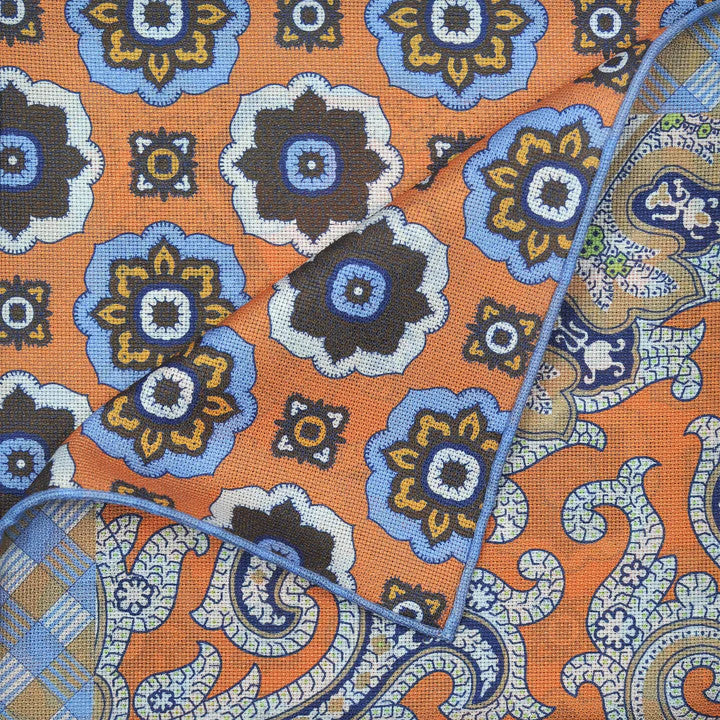 Seaward & Stearn Orange/Navy/Khaki Paisley Pocket Square