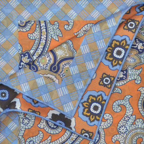 Seaward & Stearn Orange/Navy/Khaki Paisley Pocket Square