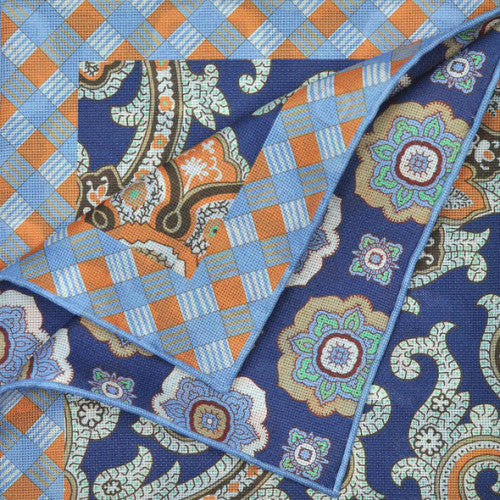 Seaward & Stearn Orange/Navy/Brown Paisley Pocket Square