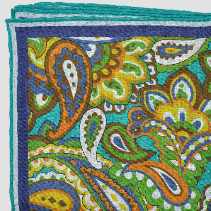 Seaward & Stearn Teal/Orange Big Paisley Pocket Square