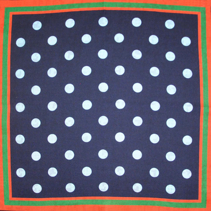 Seaward and Stearn Dots & Puppy Tooth Reversible Panama Silk Pocket Square: Navy, Orange, Green & Light Blue