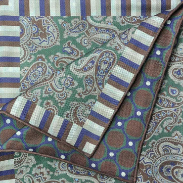 Seaward and Stearn Green/Brown Paisley Pocket Square