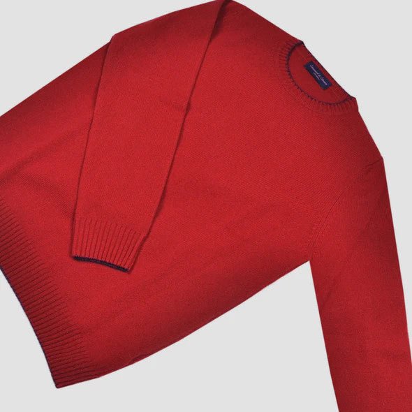 Seaward and Stearn Merino Wool Crew Neck in Red with Navy Trim