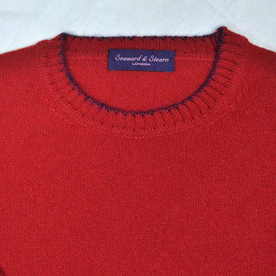 Seaward and Stearn Merino Wool Crew Neck in Red with Navy Trim