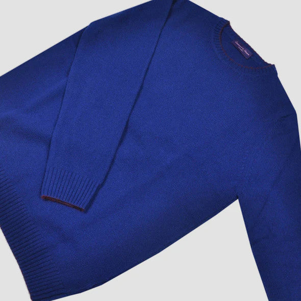 Seaward and Stearn Merino Wool Crew Neck in Royal Blue with Claret Trim