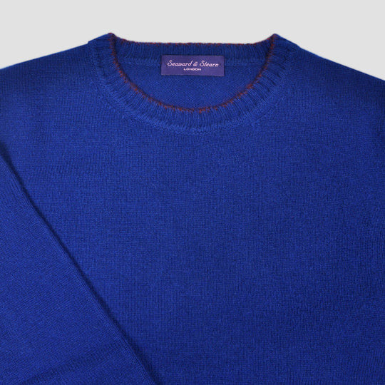 Seaward and Stearn Merino Wool Crew Neck in Royal Blue with Claret Trim