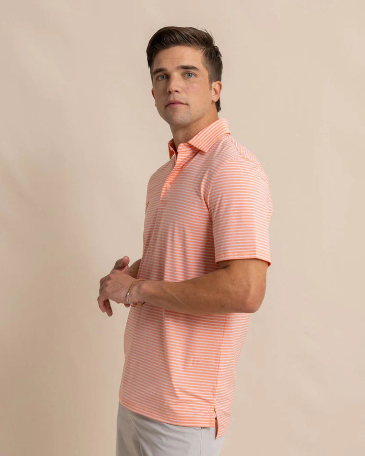 Southern Tide brrr°-eeze Beattie Stripe Performance Polo: Desert Flower Coral