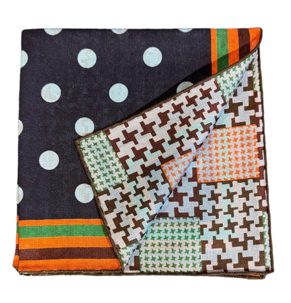 Seaward and Stearn Dots & Puppy Tooth Reversible Panama Silk Pocket Square: Navy, Orange, Green & Light Blue