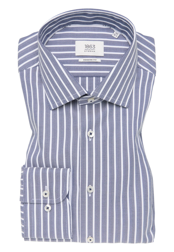 Eterna Modern Fit Herringbone Stripe with Kent Collar: Navy Stripe