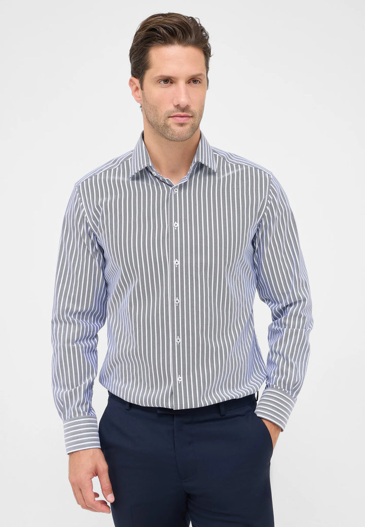 Eterna Modern Fit Herringbone Stripe with Kent Collar: Navy Stripe