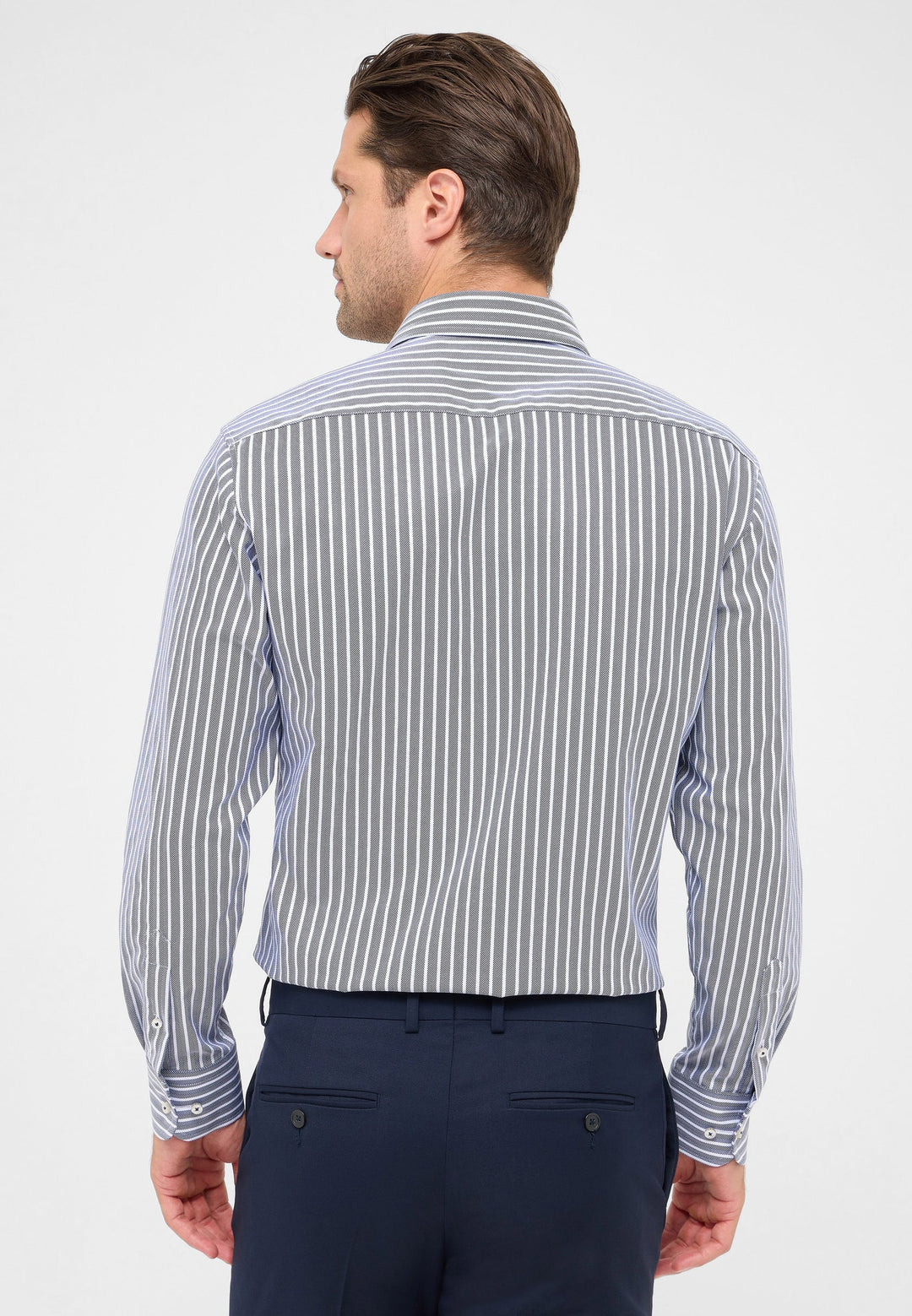 Eterna Modern Fit Herringbone Stripe with Kent Collar: Navy Stripe